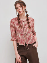 Cotton-blend Round Neckline Gingham Tie Front Long Sleeve Blouse