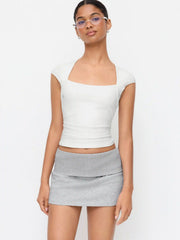 Cotton-blend Square Neck Ruched Short Sleeve Tee