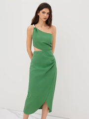 Linen-blend Asymmetrical Neck Solid Metal Detail Cut Out Ruched Midi Dress