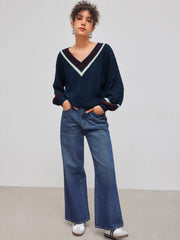 Cable Knit V-neck Solid Contrasting Binding Long Sleeve Top