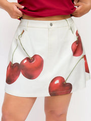 Cotton-blend Cherry Graphic Mid Rise A-line Mini Skirt Curve & Plus