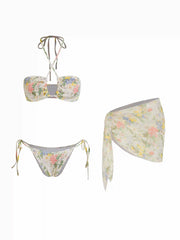 Halter Neckline Floral Knotted Bracelet Bikini Set With Sarong