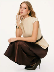Stand Collar Cinched Waist Top With Belt & Zipper Mermaid Maxi Skirt Set