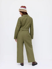 Cotton-blend Collar Straight Leg Cropped Cargo Jumpsuit With Belt