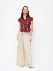 Mid Rise O-Ring Belted Ruched Draped Wide Leg Trousers