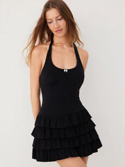 Cotton-blend Scoop Neck Bowknot Tiered Mini Dress