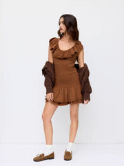 Knit V-neck Ruffle Layered Mini Dress