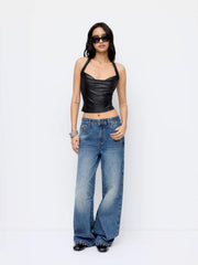 Faux Leather Halter Neckline Crop Top