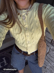 Cable Knit Round Neckline Button Up Cinched Waist Cardigan