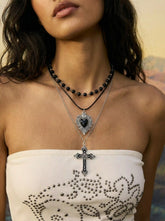 HEART & CROSS & BEADED LAYERED NECKLACE