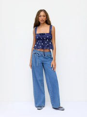 Denim Low Rise Washed Drawstring Wide Leg Jeans