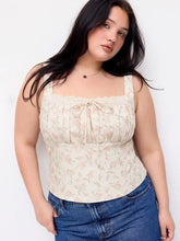 Floral Jacquard Square Neck Bowknot Shirred Tank Blouse Curve & Plus