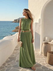 Knit Mid Rise High Stretch Draped Maxi Skirt