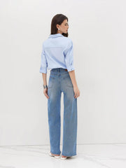 Cotton-blend Collar Roll-up Sleeve Shirt Bodysuit