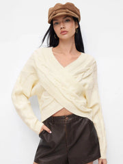 Cable Knit V-neck Long Sleeve Criss Cross Oversized Top