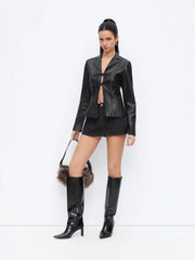 Faux Leather Collar Bell Sleeve Tie Front Bow Jacket