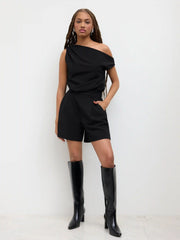 Asymmetrical Neck Solid Pleated Romper