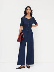 Boat Neck Button Mid-length Sleeve Jumpsuit