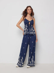 Floral Embroidery V-neck Cami Top with Lace Trim