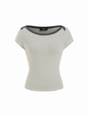 Cotton-blend Striped Boat Neck Short Sleeve Tee