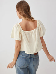 Cotton-blend Floral Embroidery Square Neck Ruffle Sleeve Blouse