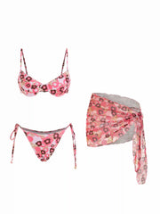 Floral Sweetheart Tie Side Underwire Bikini Set With Sarong
