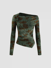 Asymmetrical Neck Floral Ruched Long Sleeve Blouse