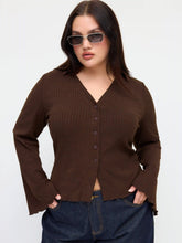 Collar Split Lettuce Trim Long Sleeve Top Curve & Plus