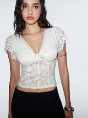 Lace V-neck Cloak Sleeve Drawstring Crop Top