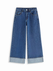 Cider Denim Mid Rise Button Roll Hem Wide Leg Jeans