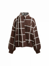 Knit Wool-blend Check Round Neckline Long Sleeve Top With Scarf