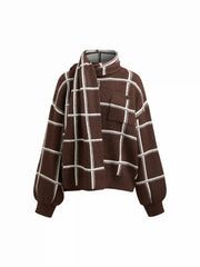 Knit Wool-blend Check Round Neckline Long Sleeve Top With Scarf