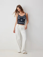 Knit Square Neck Floral Embroidery Top
