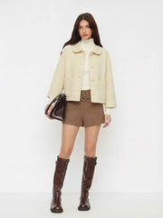 Wool Collar Crop Jacket With Pockets
