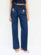 Floral Embroidery High-Waist Straight Leg Denim Jeans
