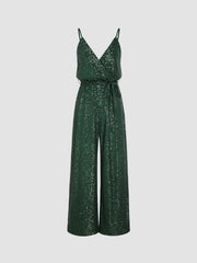 Sequin V-neck Solid Belted Wide Leg Jumpsuit