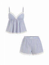 Cotton-blend Striped Sweetheart Lace Trim Cami Top & Mid Rise Shorts Loungewear Set