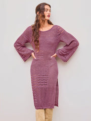 Knit Boat Neck Solid Hollow Out Split Midi Dress