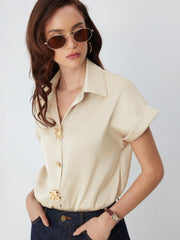 Satin Collar Short Sleeve Metal Detail Blouse Bodysuit