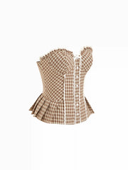 Cotton-blend Plaid Pleated Shirred Lettuce Trim Bandeau Crop Top