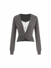 Knit V-Neck Two Tone Twist Front Top