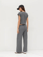 Cotton-blend Twist Roll-up Sleeve Top & Mid Rise Elastic Waist Straight Leg Trousers Set