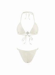 Halter Neckline Ring Linked Triangle Bikini Set With Sarong