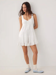 Cotton V-neck Textured Ruffled Mid Rise Oversized Romper