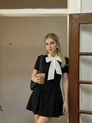 Stand Collar Bowknot Flared Mini Dress