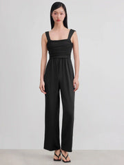 Square Neck Solid Ruched Bowknot Jumpsuit