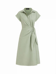 Linen-blend Short Sleeve Twist Knotted Shirt Midi Dress