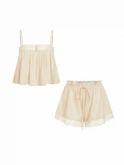 Lace Trim Crop Top & Mid Rise Drawstring Shorts Loungewear Set