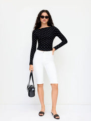 Cotton-blend Polka Dot Boat Neck Long Sleeve Ruched Top