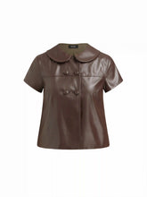 Faux Leather Peter Pan Collar Button Short Sleeve Crop Blouse